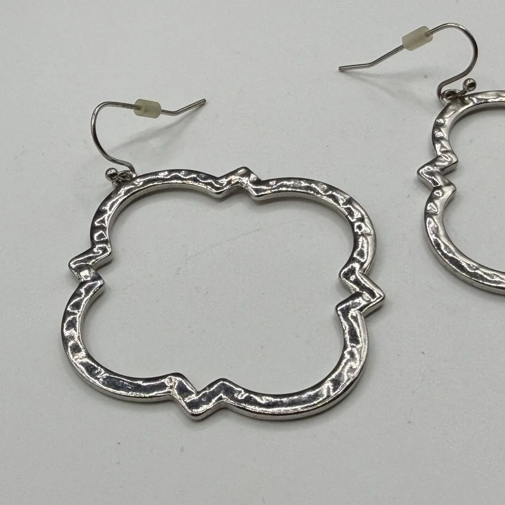 Silver Tone Hammered Quatrefoil Dangle Earrings Large Boho Statement Jewelry
